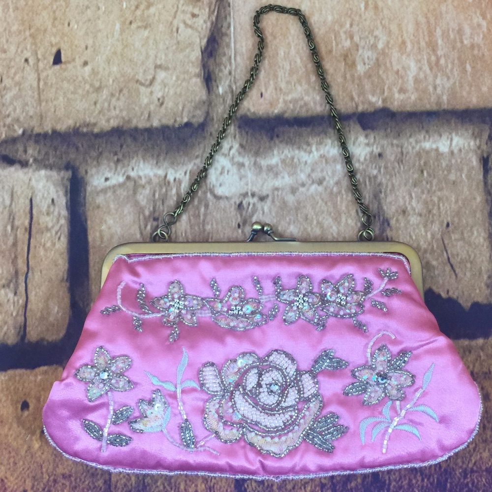 🌸 Beaded Pink Satin Purse Clutch A2